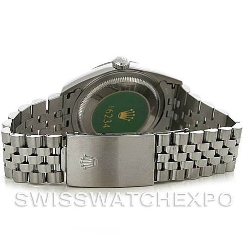 The image shows the back view of a Rolex Datejust 16234 Men's Stainless Steel Silver Dial 16234 Men's Stainless Steel Silver Dial, highlighting the case back and Jubilee bracelet.