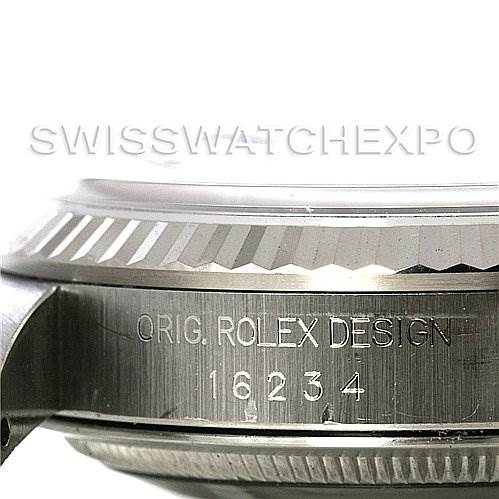 This image shows a close-up side view of the bezel and case part of a Rolex Datejust 16234 Men's Stainless Steel Silver Dial 16234 Men's Stainless Steel Silver Dial watch, model number 16234.