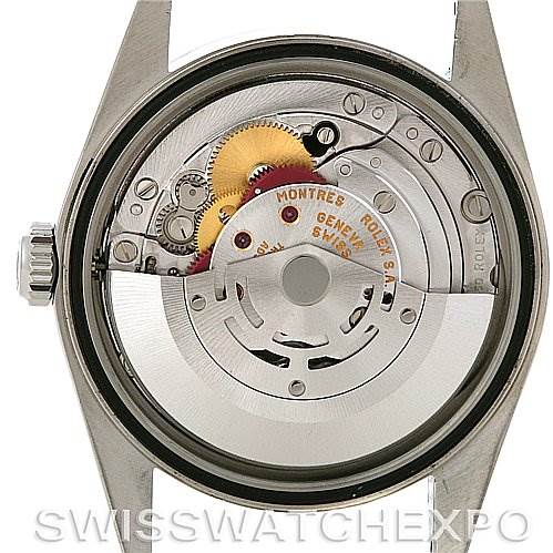 The image shows the Rolex Datejust 16234 Men's Stainless Steel Silver Dial 16234 Men's Stainless Steel Silver Dial model from the back, focusing on the inner mechanics and movement.