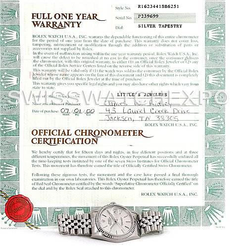 The image shows warranty and certification documents for a Rolex Datejust 16234 Men's Stainless Steel Silver Dial 16234 Men's Stainless Steel Silver Dial watch, including a partial view of the watch face and bracelet.