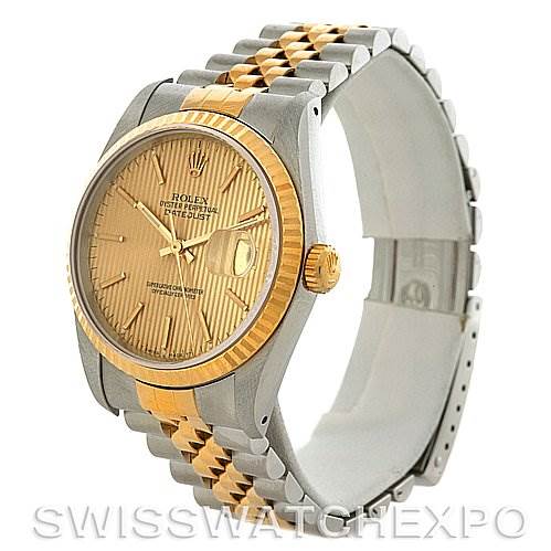 The image shows a Rolex Datejust 16233 Men's Steel and Gold (two tone) Champagne Dial 16233 Men's Steel and Gold (two tone) Champagne Dial watch at a three-quarter angle, highlighting the dial, bezel, and jubilee bracelet.