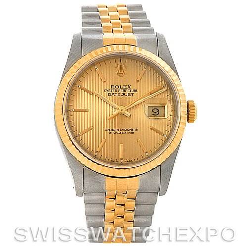 The image shows a front view of a Rolex Datejust 16233 Men's Steel and Gold (two tone) Champagne Dial 16233 Men's Steel and Gold (two tone) Champagne Dial watch with a gold face, date window, and two-tone metal bracelet.
