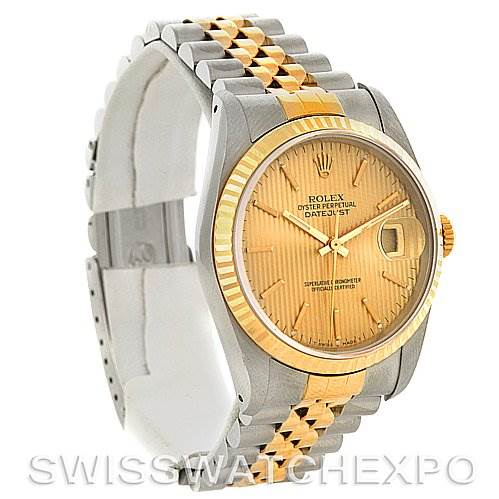This image shows a Rolex Datejust 16233 Men's Steel and Gold (two tone) Champagne Dial 16233 Men's Steel and Gold (two tone) Champagne Dial watch at a three-quarter angle, highlighting the dial, bezel, crown, and Jubilee bracelet.