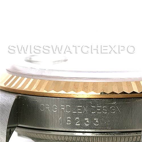 This image shows a close-up side view of the Rolex Datejust 16233 Men's Steel and Gold (two tone) Champagne Dial 16233 Men's Steel and Gold (two tone) Champagne Dial watch, focusing on the model number 16233 and the "ORIG ROLEX DESIGN" engraving.