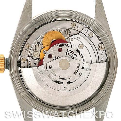 This image shows the movement mechanism of a Rolex Datejust 16233 Men's Steel and Gold (two tone) Champagne Dial 16233 Men's Steel and Gold (two tone) Champagne Dial watch from a rear angle.