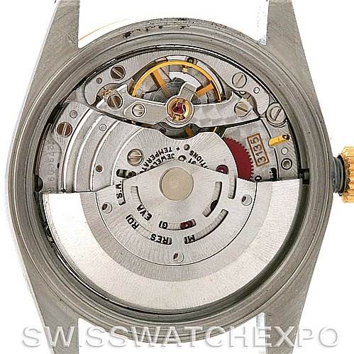 This image shows the internal movement mechanism of a Rolex Datejust 16233 Men's Steel and Gold (two tone) Champagne Dial 16233 Men's Steel and Gold (two tone) Champagne Dial watch from a back view angle.