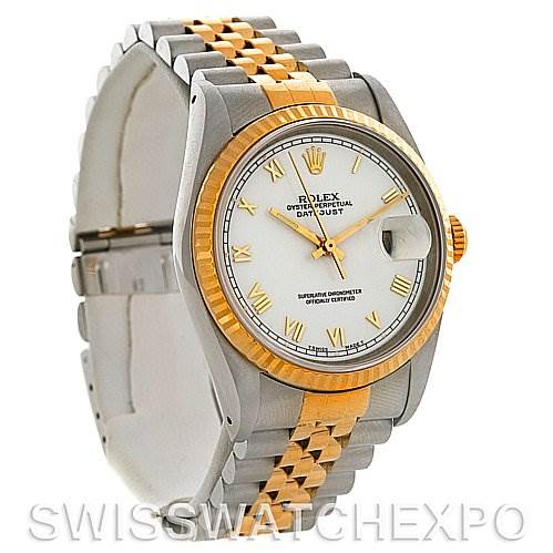 The image shows a Rolex Datejust 16233 Men's Steel and Gold (two tone) White Dial 16233 Men's Steel and Gold (two tone) White Dial watch with a two-tone stainless steel and gold bracelet, fluted bezel, and cyclops lens over the date window.