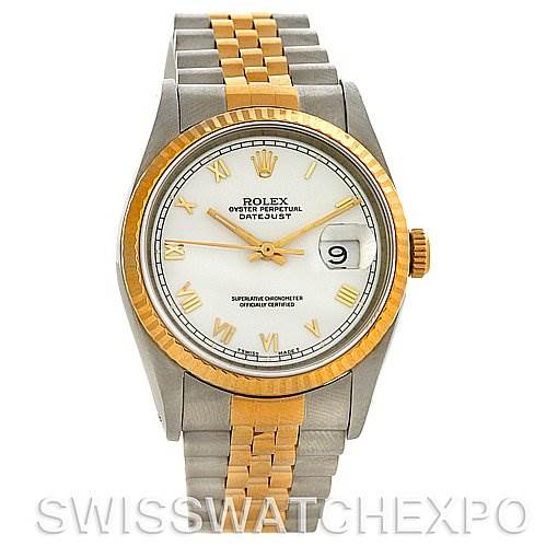 The image shows a Rolex Datejust 16233 Men's Steel and Gold (two tone) White Dial 16233 Men's Steel and Gold (two tone) White Dial watch from a front angle, displaying the dial, date window, bezel, and bracelet.