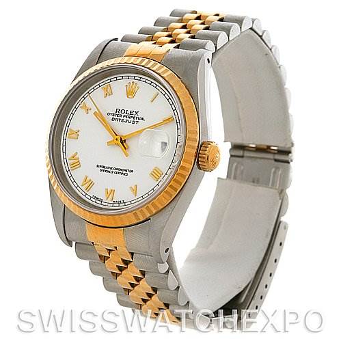 This image shows a Rolex Datejust 16233 Men's Steel and Gold (two tone) White Dial 16233 Men's Steel and Gold (two tone) White Dial watch at a slight angle, displaying the dial, bezel, bracelet, and crown.