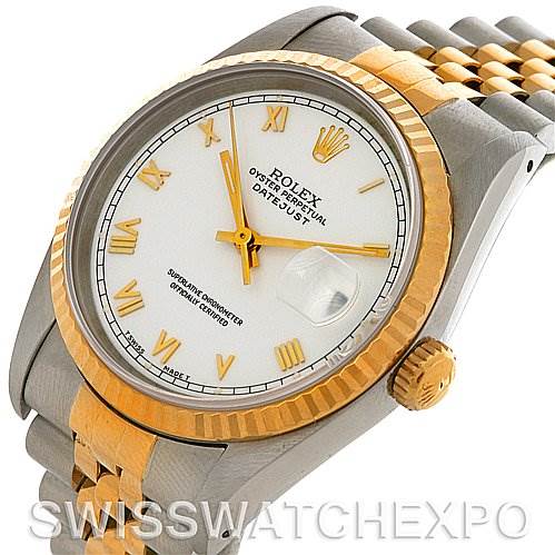 This Rolex Datejust 16233 Men's Steel and Gold (two tone) White Dial 16233 Men's Steel and Gold (two tone) White Dial watch is shown at an angle highlighting the dial, fluted bezel, crown, and part of the Jubilee bracelet.