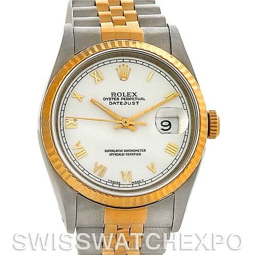 The image shows a Rolex Datejust 16233 Men's Steel and Gold (two tone) White Dial 16233 Men's Steel and Gold (two tone) White Dial watch from a front angle, focusing on the face, bezel, and part of the bracelet.