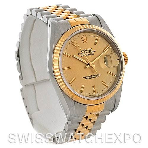 The Rolex Datejust 16233 Men's Steel and Gold (two tone) Champagne Dial 16233 Men's Steel and Gold (two tone) Champagne Dial watch is shown at a slight angle from the right. The face, bezel, and part of the bracelet are visible.