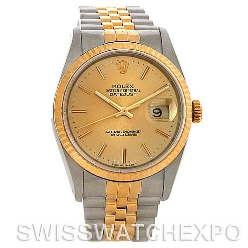 This Rolex Datejust 16233 Men's Steel and Gold (two tone) Champagne Dial 16233 Men's Steel and Gold (two tone) Champagne Dial watch is shown from a front angle displaying the dial, bezel, crown, and bracelet.