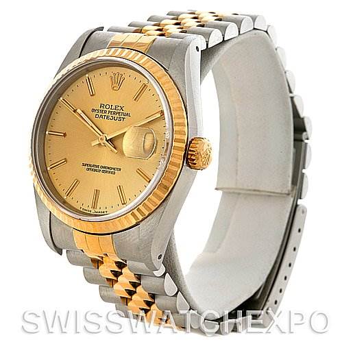 The image shows a Rolex Datejust 16233 Men's Steel and Gold (two tone) Champagne Dial 16233 Men's Steel and Gold (two tone) Champagne Dial watch at an oblique angle, highlighting the dial, bezel, and two-tone bracelet.
