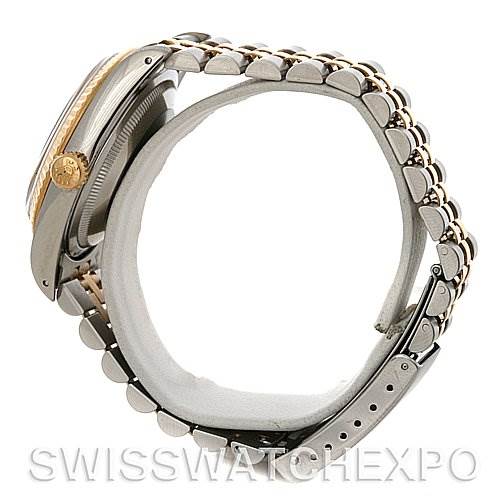 This image shows a Rolex Datejust 16233 Men's Steel and Gold (two tone) Champagne Dial 16233 Men's Steel and Gold (two tone) Champagne Dial watch from a side angle, highlighting its bracelet and case.