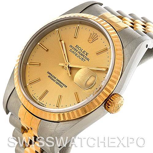 The image shows a Rolex Datejust 16233 Men's Steel and Gold (two tone) Champagne Dial 16233 Men's Steel and Gold (two tone) Champagne Dial watch from a three-quarter angle, highlighting its dial, bezel, crown, and part of the bracelet.