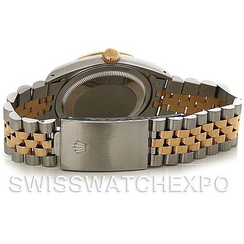 The image shows the back and clasp of a Rolex Datejust 16233 Men's Steel and Gold (two tone) Champagne Dial 16233 Men's Steel and Gold (two tone) Champagne Dial watch, highlighting the two-tone Jubilee bracelet.