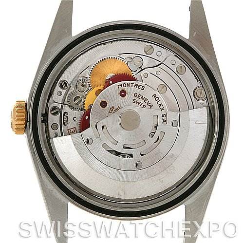 The image shows the internal mechanical movement of a Rolex Datejust 16233 Men's Steel and Gold (two tone) Champagne Dial 16233 Men's Steel and Gold (two tone) Champagne Dial watch viewed from the back with the case back removed.