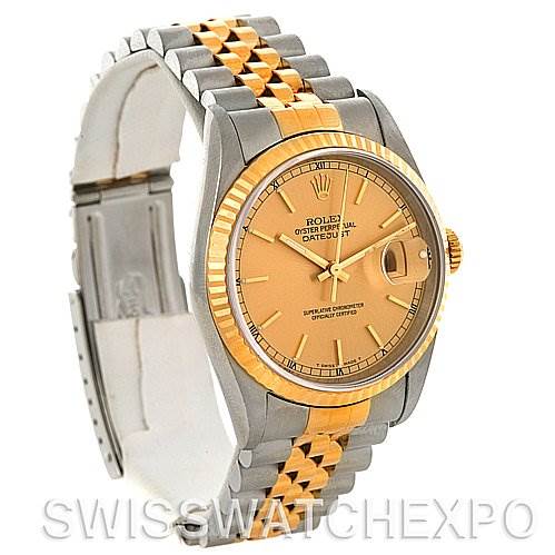 The image shows a side angle of a Rolex Datejust 16233 Men's Steel and Gold (two tone) Champagne Dial 16233 Men's Steel and Gold (two tone) Champagne Dial watch, featuring its face, bezel, crown, and two-tone bracelet.