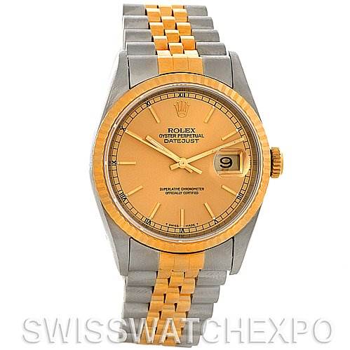 The image displays a front view of a Rolex Datejust 16233 Men's Steel and Gold (two tone) Champagne Dial 16233 Men's Steel and Gold (two tone) Champagne Dial model watch, showing the face, bezel, crown, and bracelet.