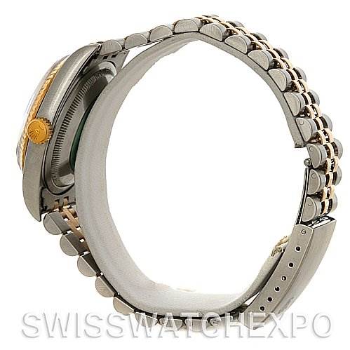 This image shows a side view of the Rolex Datejust 16233 Men's Steel and Gold (two tone) Champagne Dial 16233 Men's Steel and Gold (two tone) Champagne Dial watch, focusing on the bracelet and the case with its crown.