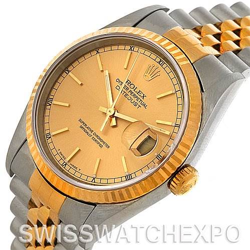 The image shows a close-up angle of a Rolex Datejust 16233 Men's Steel and Gold (two tone) Champagne Dial 16233 Men's Steel and Gold (two tone) Champagne Dial watch, highlighting its dial, bezel, crown, and part of the bracelet.