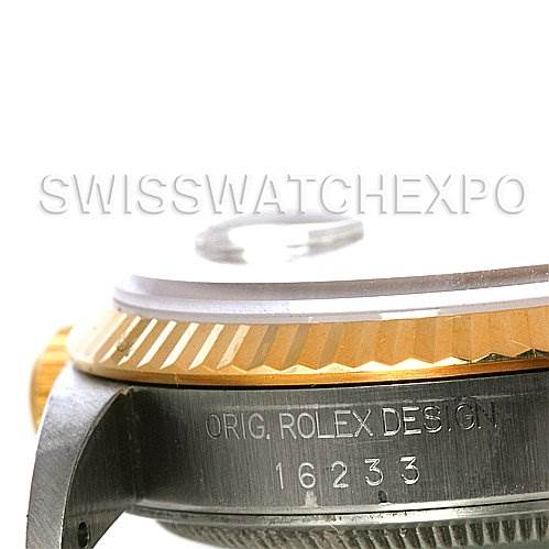 This image shows a close-up side view of the casing and bezel of a Rolex Datejust 16233 Men's Steel and Gold (two tone) Champagne Dial 16233 Men's Steel and Gold (two tone) Champagne Dial model watch, displaying the model number 16233.
