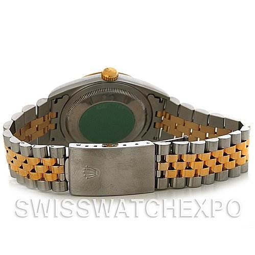 The image shows the back of a Rolex Datejust 16233 Men's Steel and Gold (two tone) Champagne Dial 16233 Men's Steel and Gold (two tone) Champagne Dial watch, including the case back, crown, and jubilee bracelet with a clasp.
