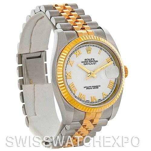 This image shows a Rolex Datejust 116233 Men's Stainless Steel White Dial 116233 Men's Stainless Steel White Dial watch at a slight angle, highlighting the two-tone bracelet, fluted bezel, and white dial with Roman numerals.