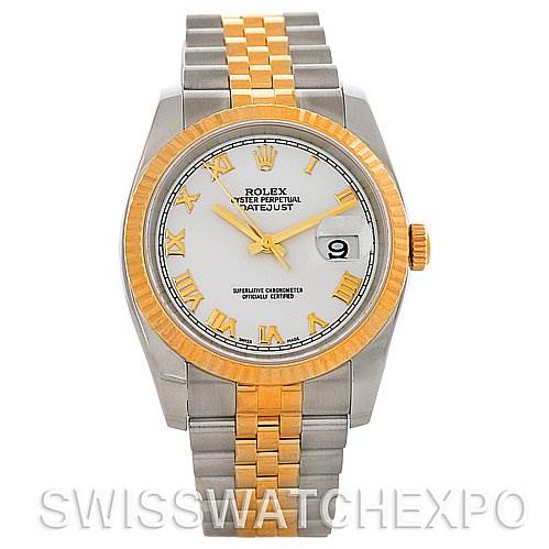 This image shows a frontal view of a Rolex Datejust 116233 Men's Stainless Steel White Dial 116233 Men's Stainless Steel White Dial watch, highlighting its dual-tone bracelet, bezel, dial, and date window.