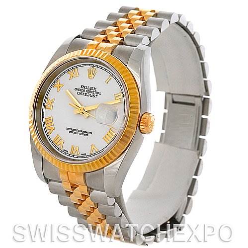The image shows a Rolex Datejust 116233 Men's Stainless Steel White Dial 116233 Men's Stainless Steel White Dial watch at a three-quarter angle, highlighting the dial, bezel, and two-tone bracelet.