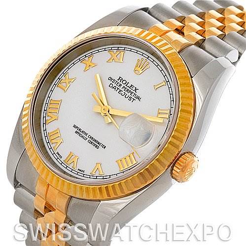 The image shows a Rolex Datejust 116233 Men's Stainless Steel White Dial 116233 Men's Stainless Steel White Dial watch from an oblique angle, highlighting the face, crown, and two-tone bracelet.
