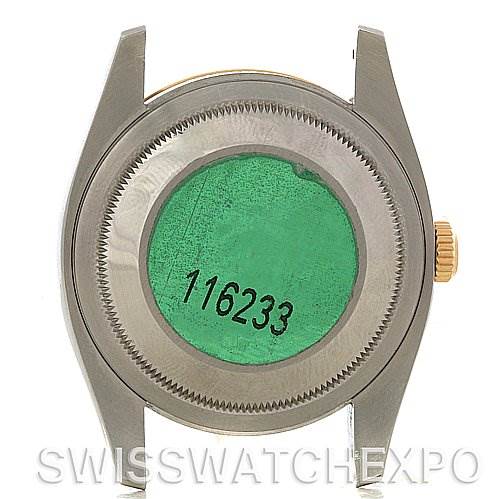 This image shows the case back and crown of a Rolex Datejust 116233 Men's Stainless Steel White Dial 116233 Men's Stainless Steel White Dial model watch.