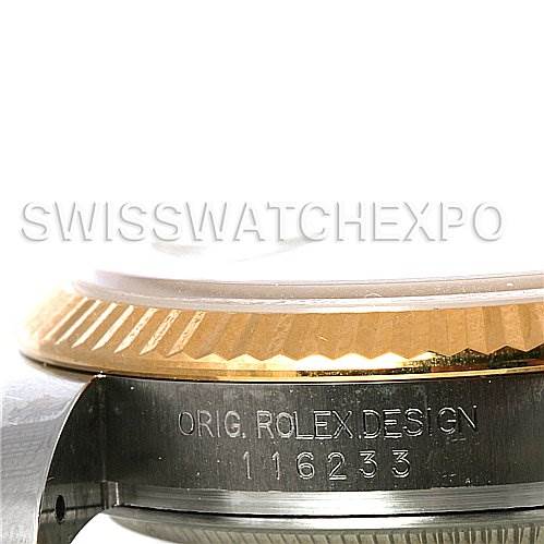 This image shows a close-up side view of the bezel and case of the Rolex Datejust 116233 Men's Stainless Steel White Dial 116233 Men's Stainless Steel White Dial watch, displaying model number 116233.