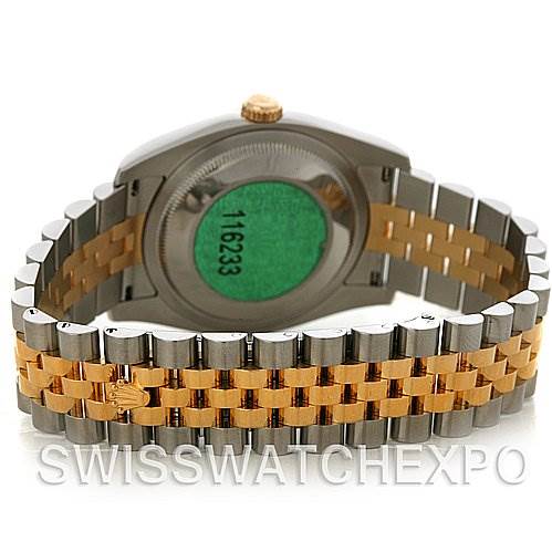 This image shows the back view of a Rolex Datejust 116233 Men's Stainless Steel White Dial 116233 Men's Stainless Steel White Dial watch, highlighting its case back, crown, and two-tone bracelet.