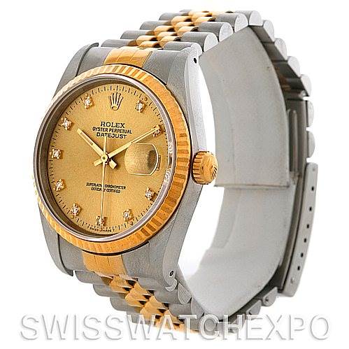The image shows a Rolex Datejust 16233 Men's Steel and Gold (two tone) Champagne Dial 16233 Men's Steel and Gold (two tone) Champagne Dial watch at a 3/4 angle, highlighting the face, bezel, crown, and part of the bracelet.