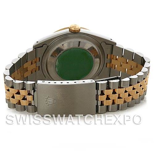 This image shows the back case and Jubilee bracelet clasp of a Rolex Datejust 16233 Men's Steel and Gold (two tone) Champagne Dial 16233 Men's Steel and Gold (two tone) Champagne Dial watch.