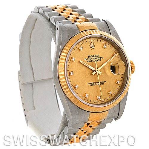 The image shows a Rolex Datejust 16233 Men's Steel and Gold (two tone) Champagne Dial 16233 Men's Steel and Gold (two tone) Champagne Dial watch at a three-quarter angle, displaying the dial, bezel, crown, and bracelet.