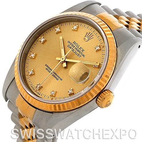 The image shows the Rolex Datejust 16233 Men's Steel and Gold (two tone) Champagne Dial 16233 Men's Steel and Gold (two tone) Champagne Dial watch from an angled side view, featuring its dial, case, bezel, crown, and part of the bracelet.