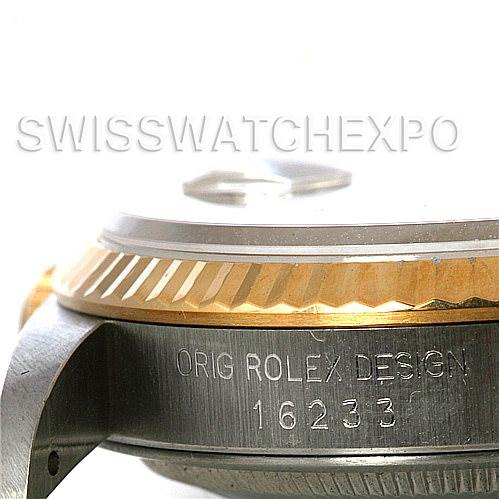 This image shows the side view of a Rolex Datejust 16233 Men's Steel and Gold (two tone) Champagne Dial 16233 Men's Steel and Gold (two tone) Champagne Dial watch, focusing on the bezel, part of the case, and the "ORIG ROLEX DESIGN 16233" inscription.