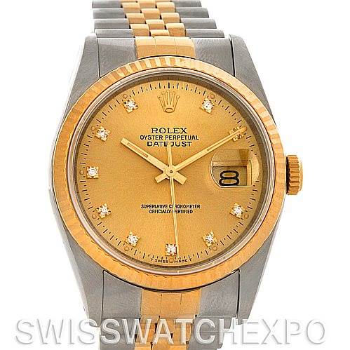 This image shows a Rolex Datejust 16233 Men's Steel and Gold (two tone) Champagne Dial 16233 Men's Steel and Gold (two tone) Champagne Dial model watch from a front angle, highlighting its dial, bezel, crown, and bracelet.