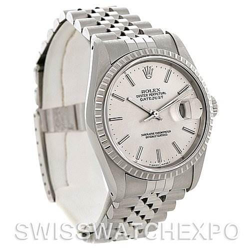 The image shows a Rolex Datejust 16220 Men's Stainless Steel Silver Dial 16220 Men's Stainless Steel Silver Dial watch at a three-quarter angle, highlighting its dial, bezel, crown, and bracelet.