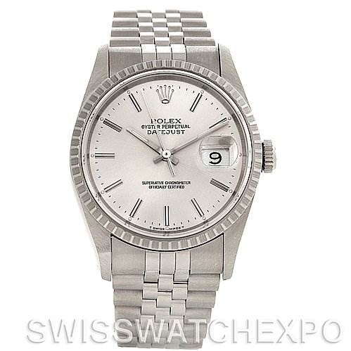 The image shows a front view of a Rolex Datejust 16220 Men's Stainless Steel Silver Dial 16220 Men's Stainless Steel Silver Dial watch, featuring its bezel, face, dial, and Jubilee bracelet.