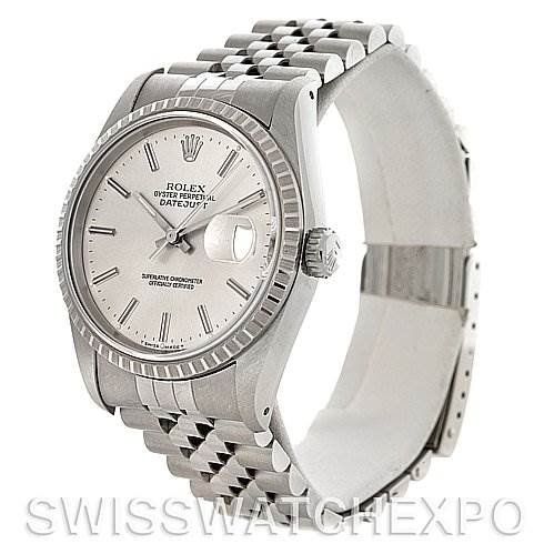 The watch is a Rolex Datejust 16220 Men's Stainless Steel Silver Dial 16220 Men's Stainless Steel Silver Dial model shown at an angle highlighting the face, crown, and Jubilee bracelet.