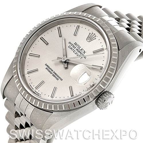 The image shows the front angle of a Rolex Datejust 16220 Men's Stainless Steel Silver Dial 16220 Men's Stainless Steel Silver Dial watch, highlighting its face, bezel, crown, and part of the bracelet.