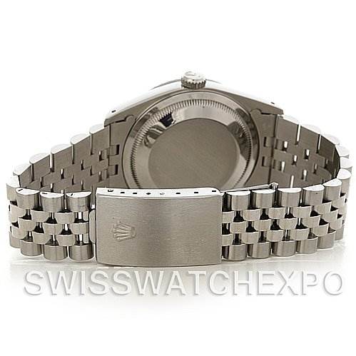 The image shows the back of a Rolex Datejust 16220 Men's Stainless Steel Silver Dial 16220 Men's Stainless Steel Silver Dial watch, highlighting the case back and the Jubilee bracelet with a signed clasp.