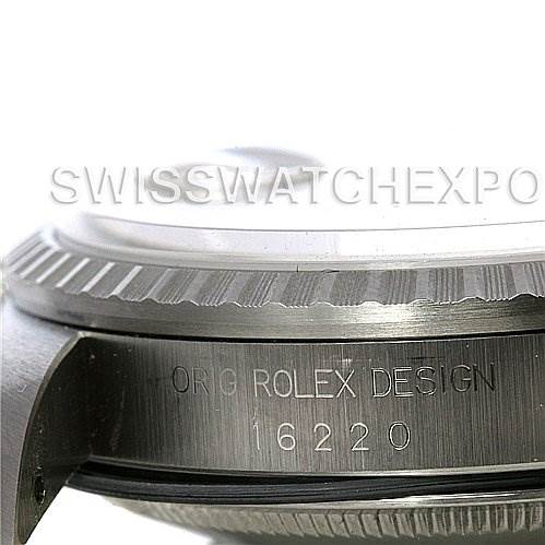 This image shows a close-up of the side of a Rolex Datejust 16220 Men's Stainless Steel Silver Dial 16220 Men's Stainless Steel Silver Dial model, specifically focusing on the bezel and case with the model number 16220 visible.