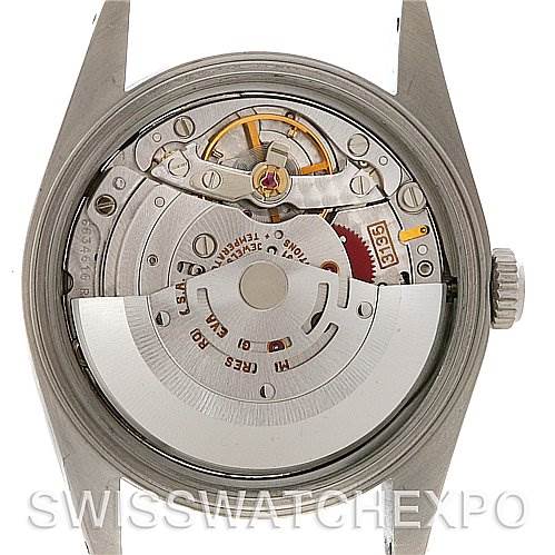 The image shows the internal mechanism and movement of a Rolex Datejust 16220 Men's Stainless Steel Silver Dial 16220 Men's Stainless Steel Silver Dial watch from the back angle.