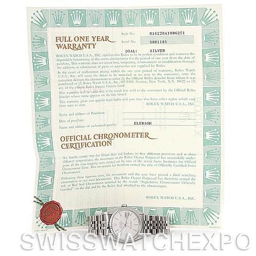 The image shows a Rolex Datejust 16220 Men's Stainless Steel Silver Dial 16220 Men's Stainless Steel Silver Dial watch placed with its warranty certificate.