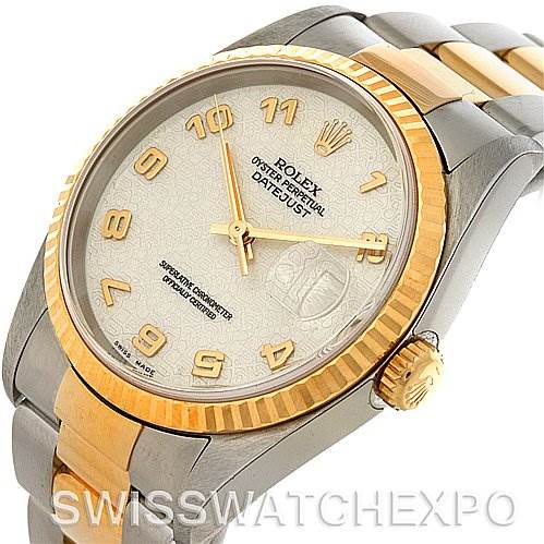 The image shows a side view angle of a Rolex Datejust 16233 Men's Steel and Gold (two tone) Beige Dial 16233 Men's Steel and Gold (two tone) Beige Dial watch, highlighting the crown, bezel, dial, and part of the bracelet.